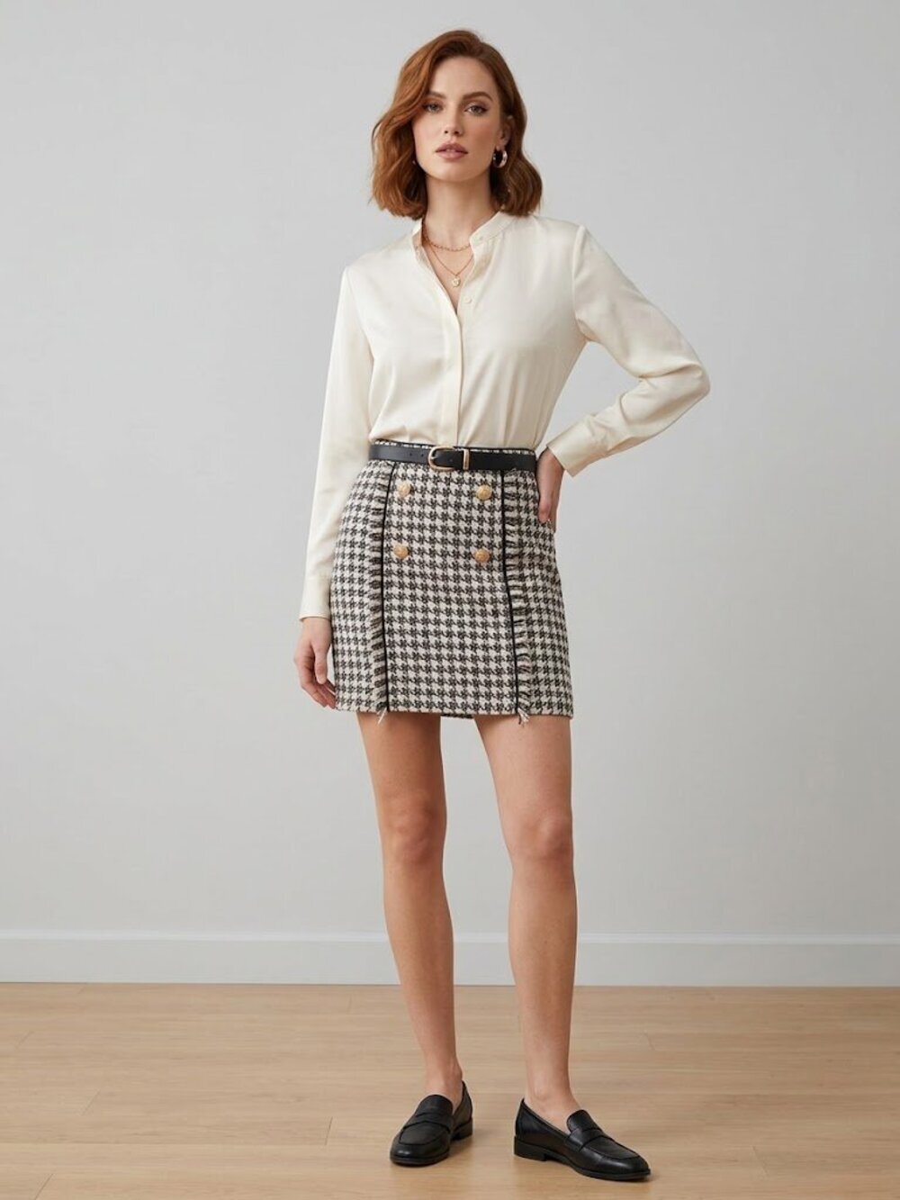 Walter Baker Black & White Houndstooth Button-Front Mini Skirt
